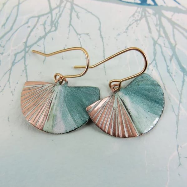 Semi-Circle Fan Style Textured Copper and Enamel Dangle Earrings