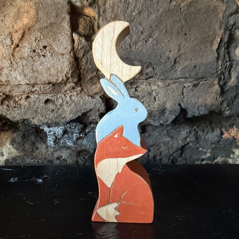 Fox, Rabbit & Moon Wooden Ornament - Handmade Folk Art Woodland Decoration