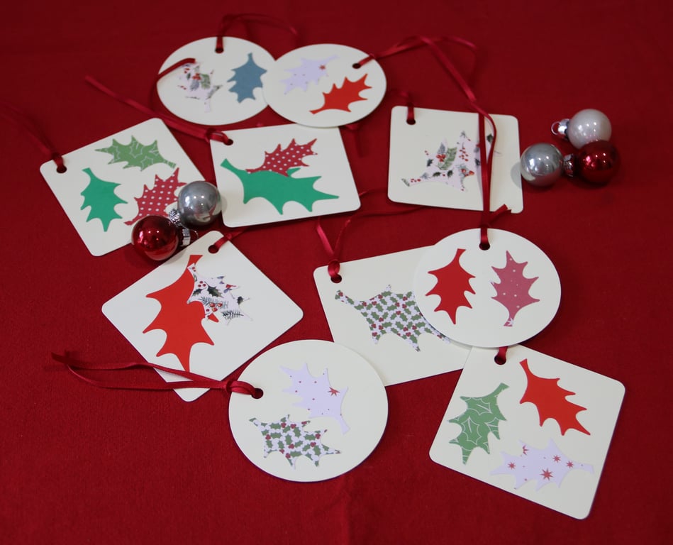 10 Christmas gift tags, Holly leaves on cream tags, square & round tags