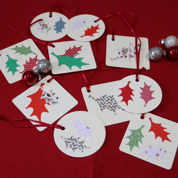 10 Christmas gift tags, Holly leaves on cream tags, square & round tags