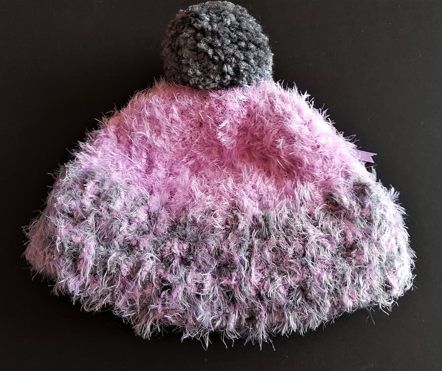 Light Purple and Grey Chunky Crochet Bobble Hat