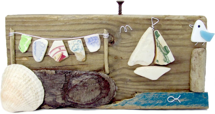 Pebble Seagull, Sailing Boat & Antique Beach Pottery Art - Driftwood Ornament