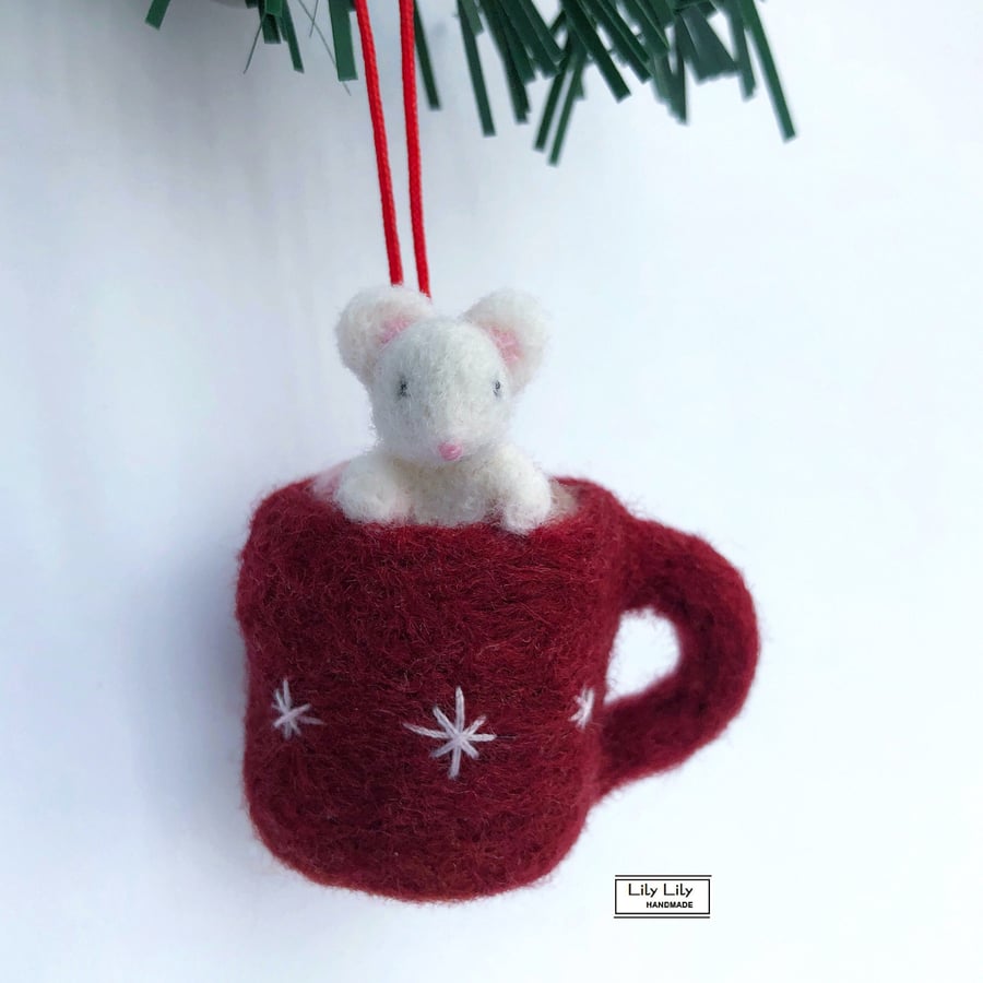 SOLD Mouse in mug hanging tree decoration, needle felted by Lily Lily Handmade 