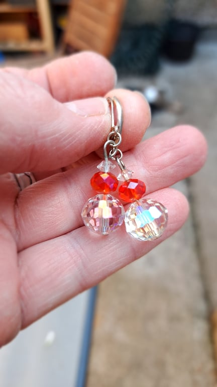 Earrings beautiful sparkly crystal drop, red, clear
