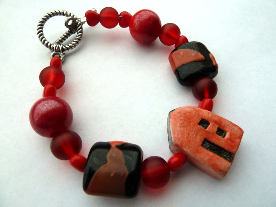SALE ceramic and lampwork red house bracelet