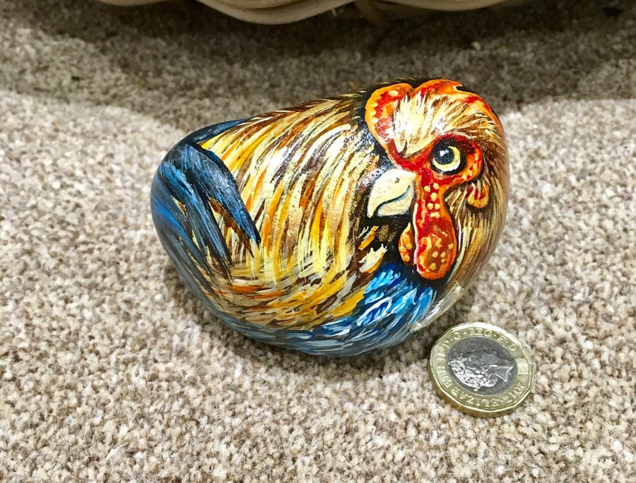 Chicken painted pebble cockerel painting rock stone art 