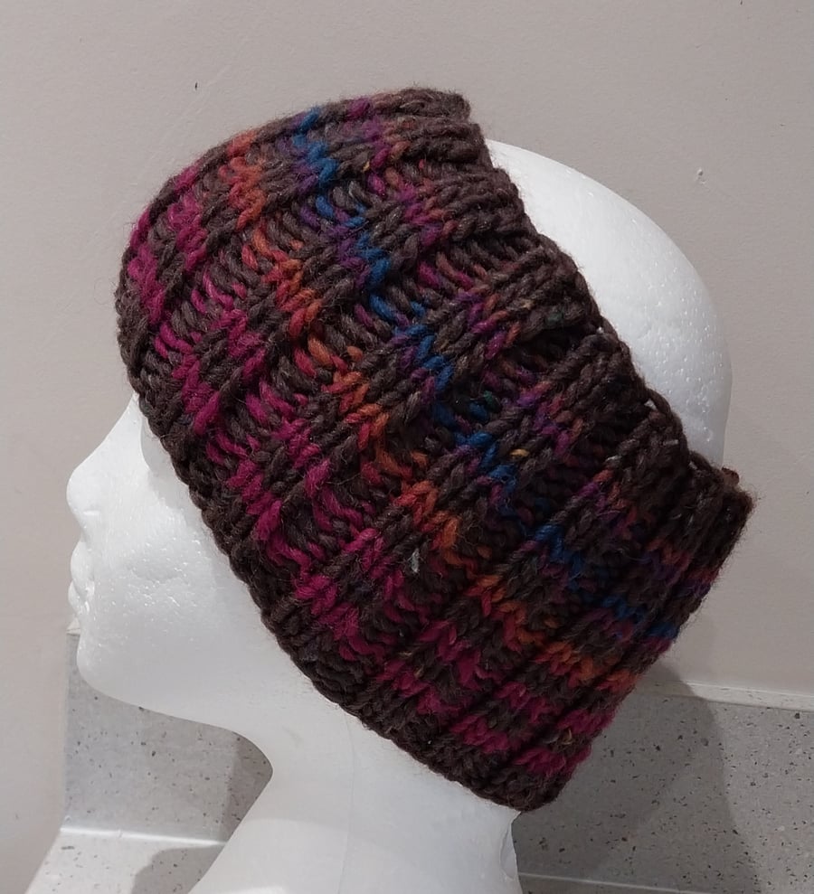 Hand Knitted stripey Merino Headband in Chocolate Brown M