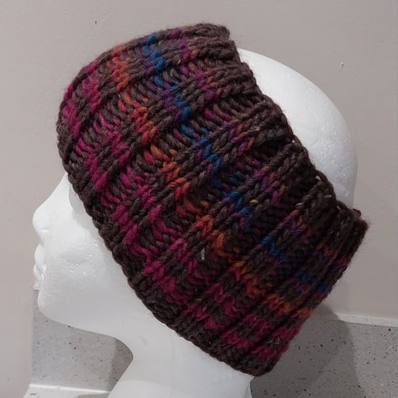 Hand Knitted stripey Merino Headband in Chocolate Brown M