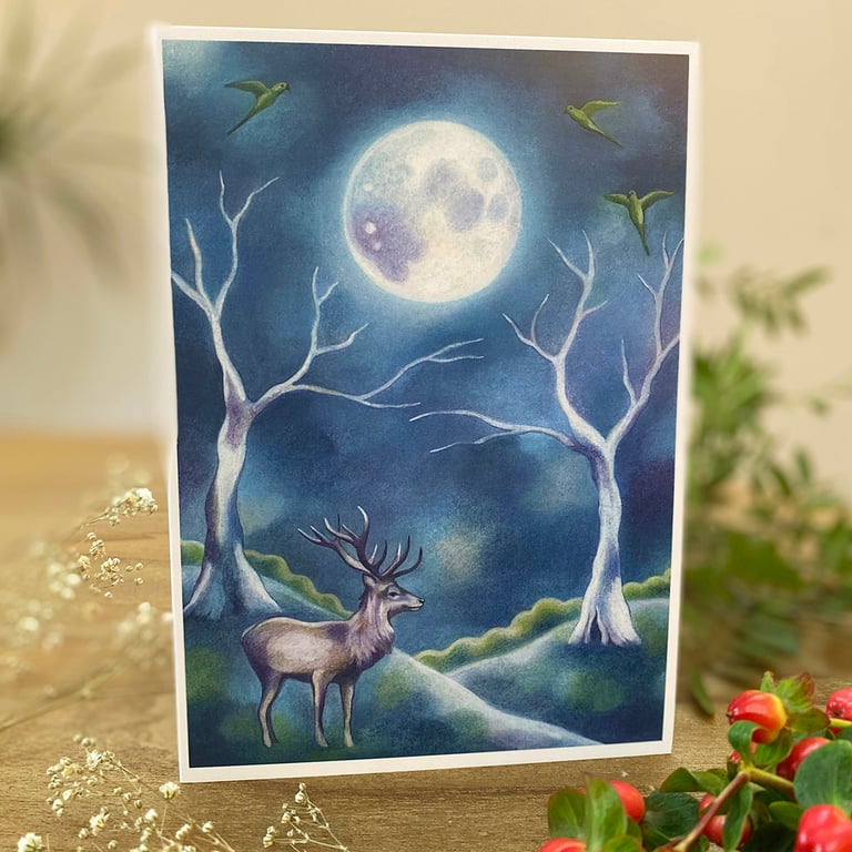 Stag Art Card - winter landscape, full moon card 