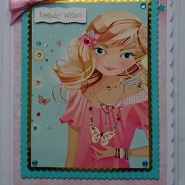 Birthday Card Wishes Girl Teenager Young Woman Blonde 3D Luxury Handmade Card