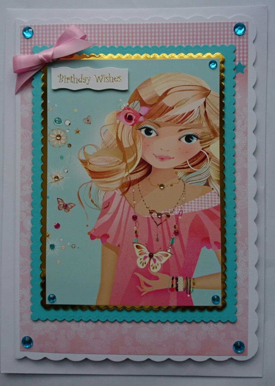 Birthday Card Wishes Girl Teenager Young Woman Blonde 3D Luxury Handmade Card