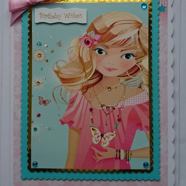 Birthday Card Wishes Girl Teenager Young Woman Blonde 3D Luxury Handmade Card