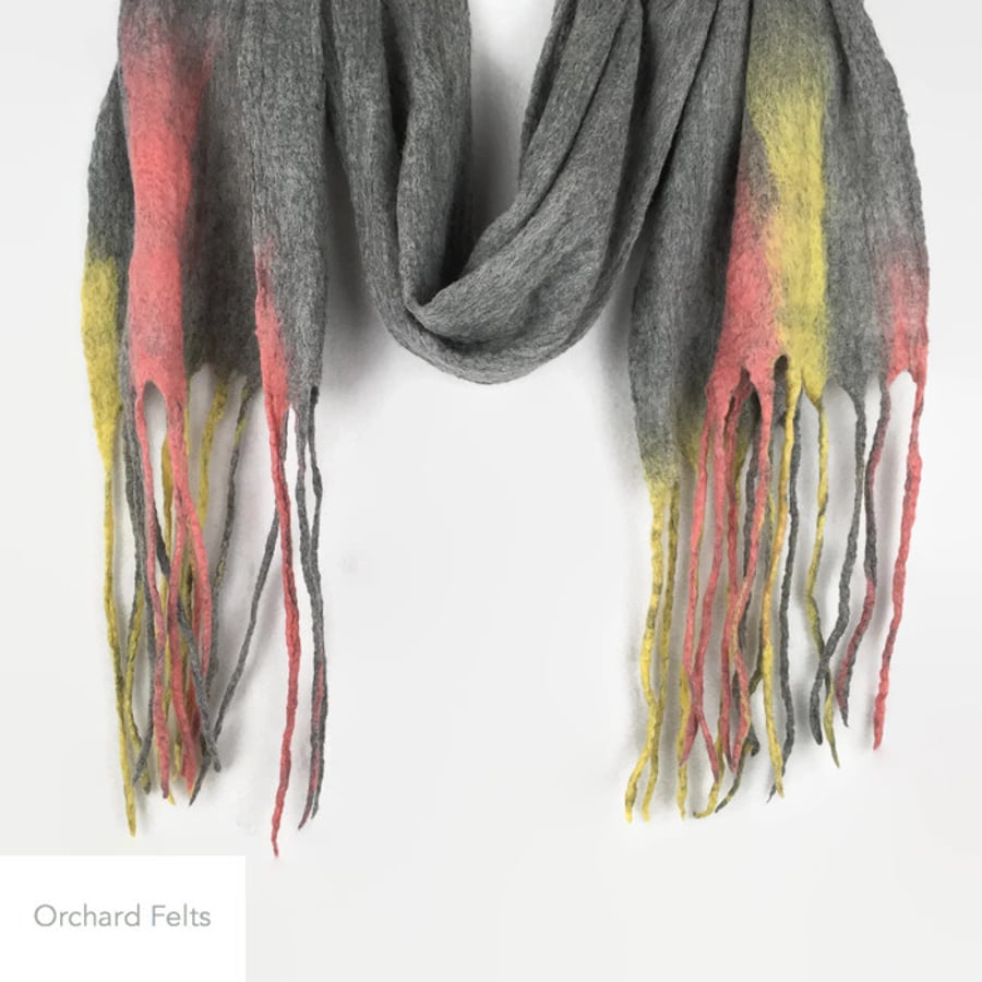 Felted scarf, long tasseled scarf, fashion scarf, grey merino wool scarf 
