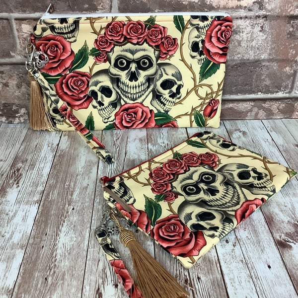 Skulls and rose zip clutch bag, Detachable wrist strap, 2 size options, Handmade