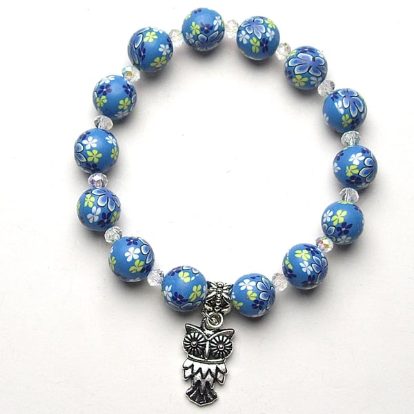 Blue Floral Polymer Bead Bracelet With Owl Charm - UK Free Post