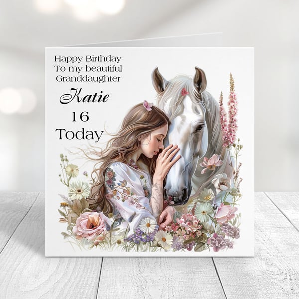 Personalised Girl & Horse Birthday Card. Design 2