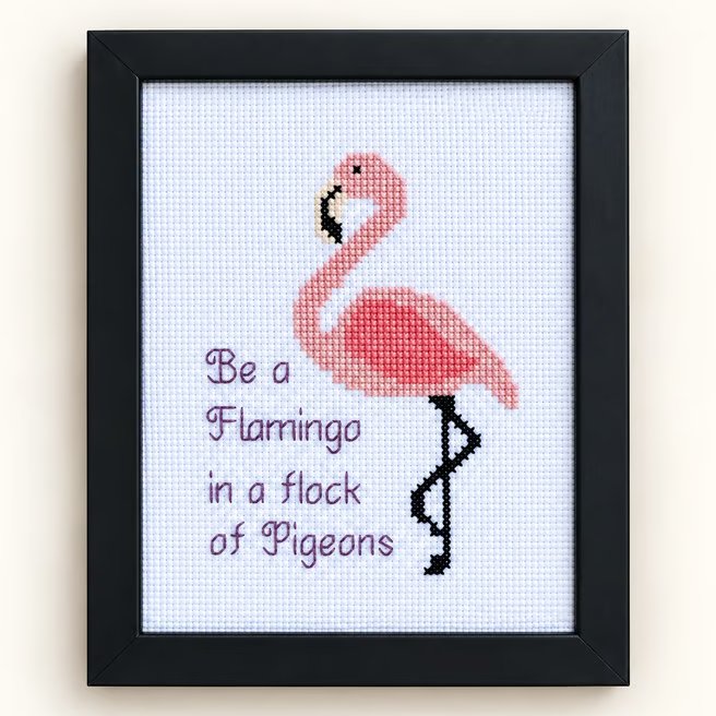 Be a Flamingo in a Field of Pigeons – Handmade Framed Cross Stitch 5x7