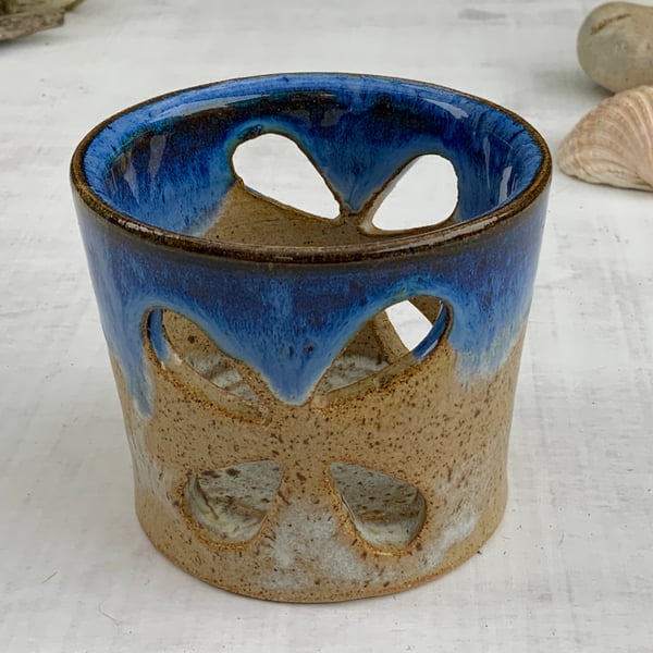 Tealight Candle Holder with winter wood & midnight rain glaze 