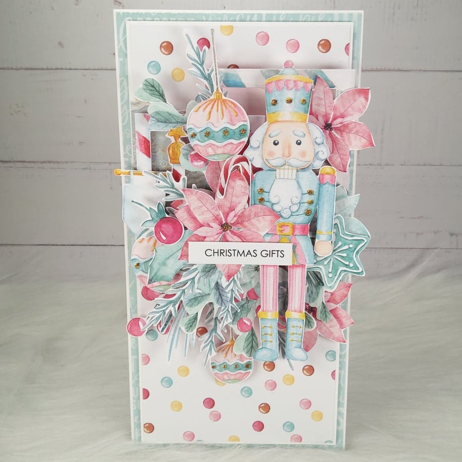 Handmade Christmas Card (39) Nutcracker & Christmas Gift. Pastel Festive Card. 