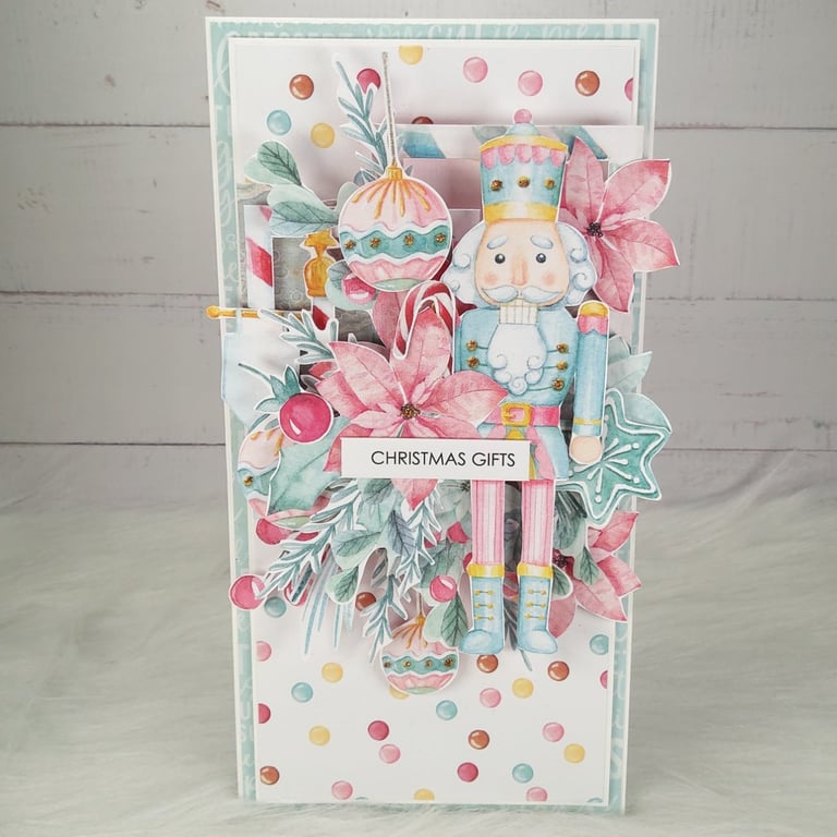 Handmade Christmas Card (39) Nutcracker & Christmas Gift. Pastel Festive Card. 
