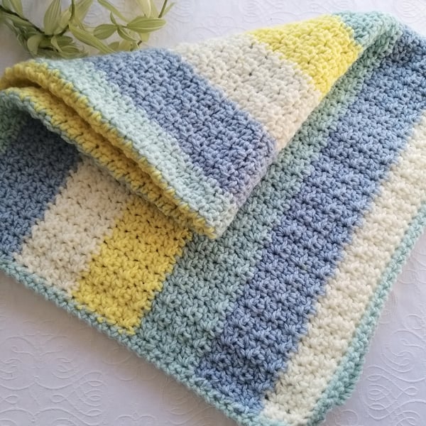 Seconds Sunday Crochet Baby Blanket. Blue & Lemon Stripes