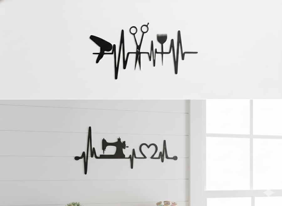 Modern Laser Cut Acrylic Heartbeat Silhouette- Sewing & Hairdresser Wall Art
