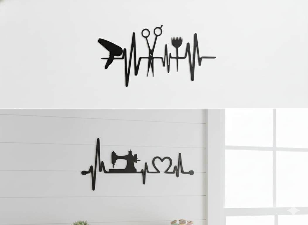 Modern Laser Cut Acrylic Heartbeat Silhouette- Sewing & Hairdresser Wall Art