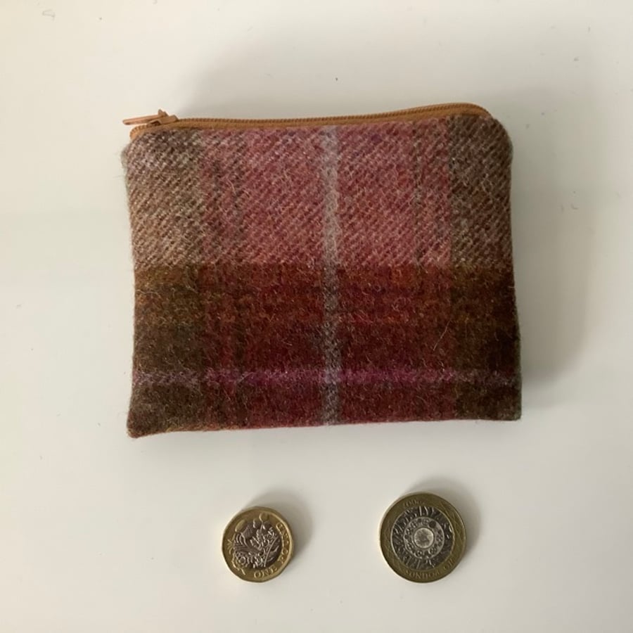 Small  Burgundy and Tan  Check , Tweed Bag  ,Zip pouch