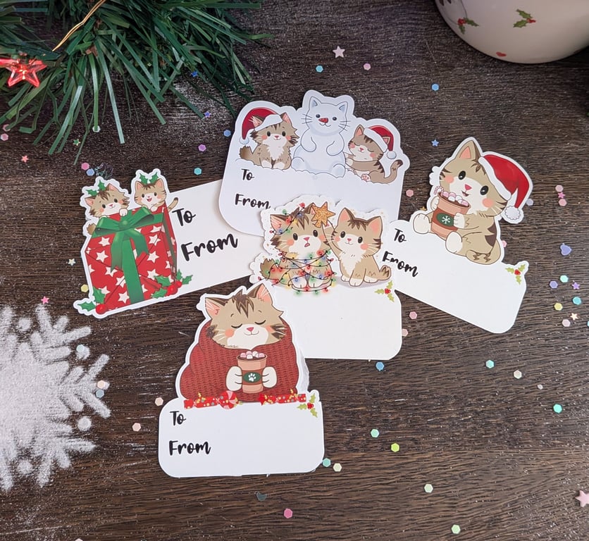 Cat Christmas Stick On Gift Labels - Adhesive Gift Tag Stickers - Monty & Mabel