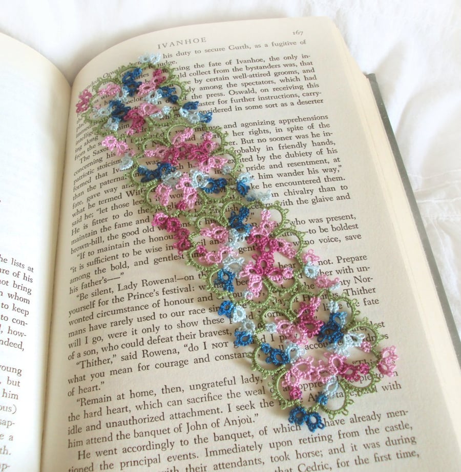 Handmade Bookmark in Tatting Lace - Pinks, Blues and Leaf Green