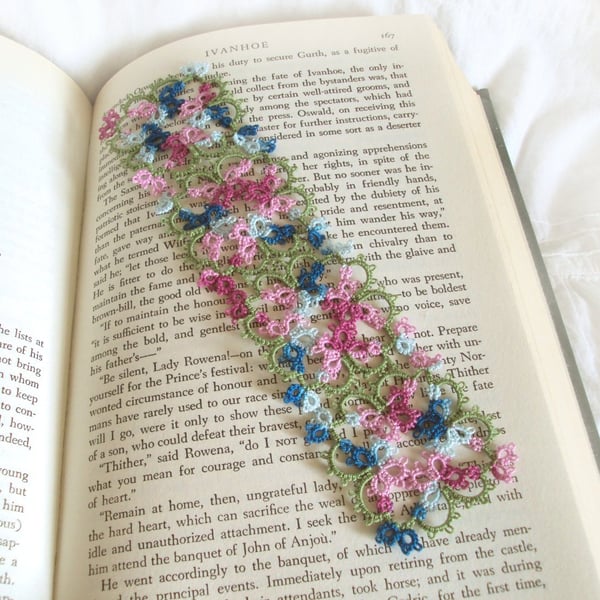 Handmade Bookmark in Tatting Lace - Pinks, Blues and Leaf Green