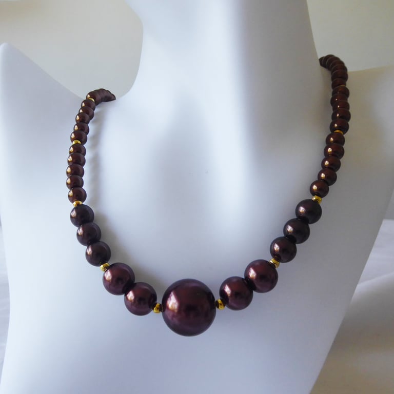 Chocolate Faux Pearl Necklace with gold plated Accents and Fittings