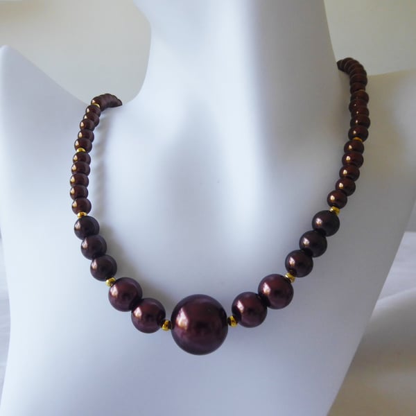 Chocolate Faux Pearl Necklace with gold plated Accents and Fittings
