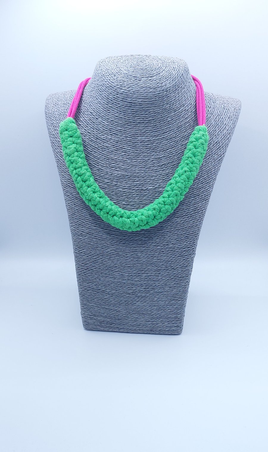 Crochet neon green and bright pink statement necklace with 
