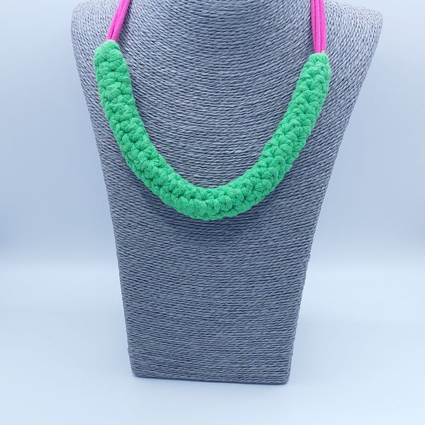 Crochet neon green and bright pink statement necklace with 