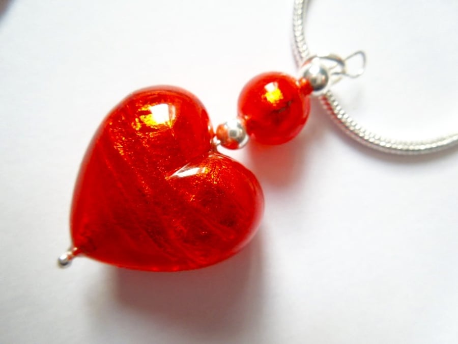 Murano glass red heart pendant with sterling silver.