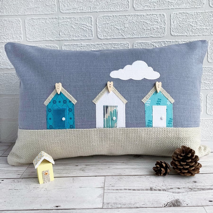 Beach Huts Cushion with Turquoise and White Beach Huts