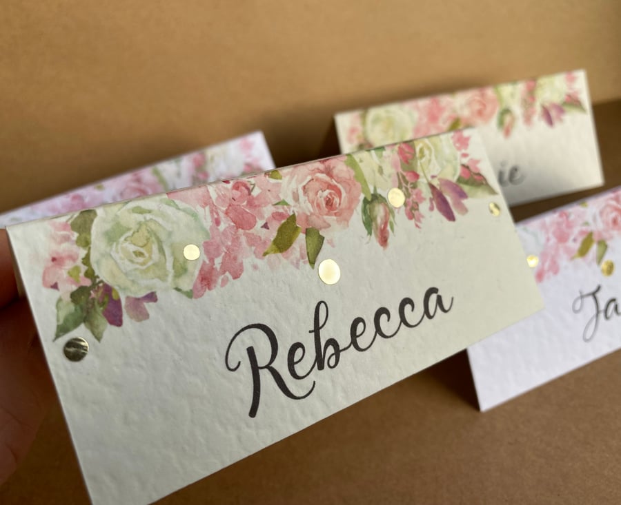 6 x personalised NAME pink white ROSES place CARDS Wedding table setting frame