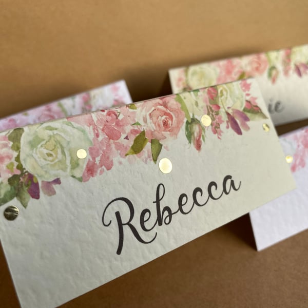 6 x personalised NAME pink white ROSES place CARDS Wedding table setting frame