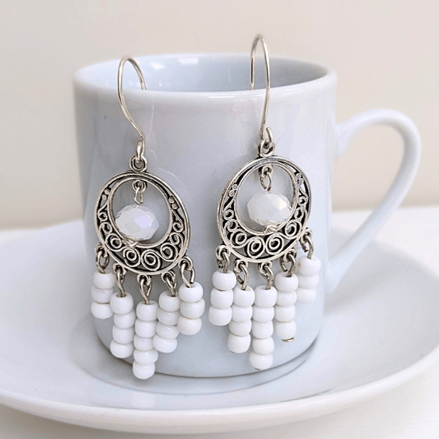 Boho Style Earrings in White and Silver