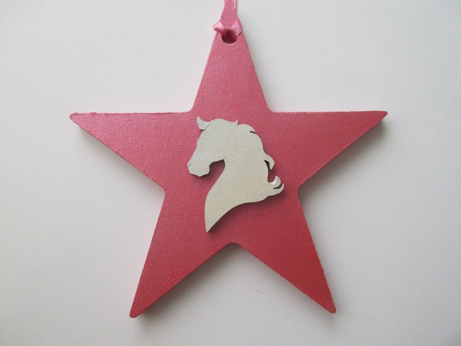 White Horse Star Christmas Tree Decoration Pink Metallic Red
