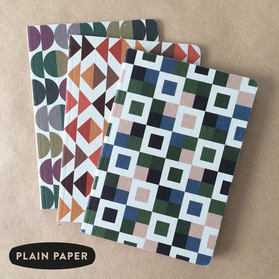 Pack of three, A6 geometric pattern notebooks with plain paper