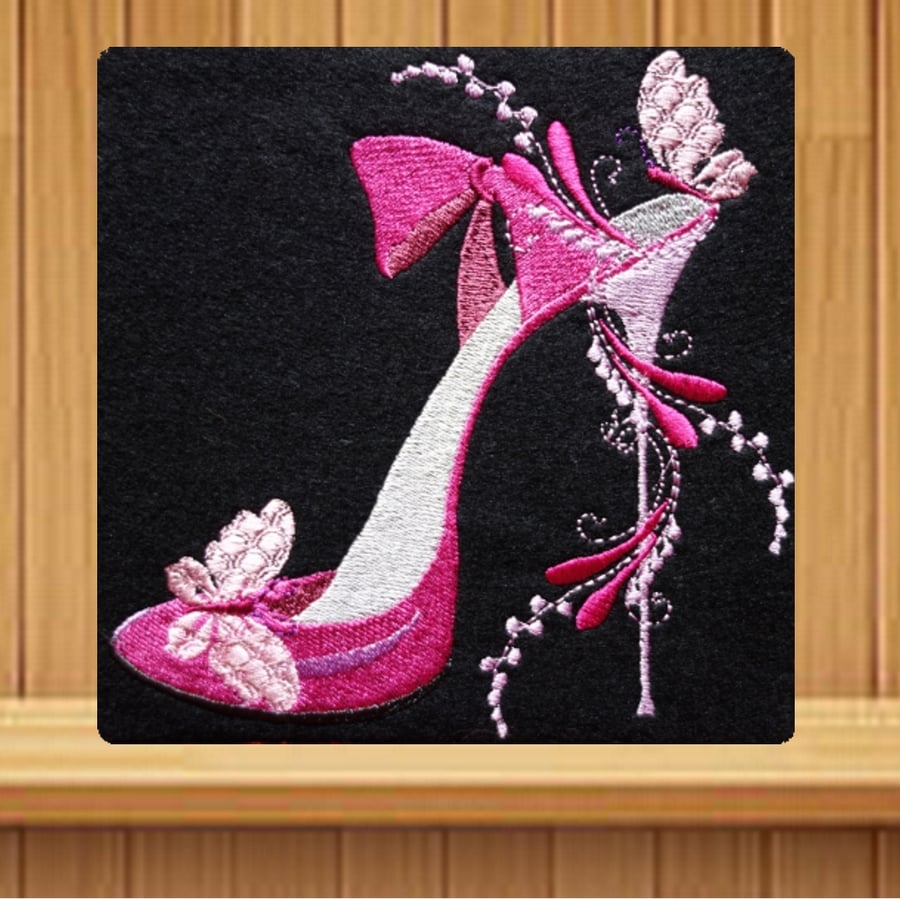 Embroidered Pink High Heeled Shoe Greetings Card