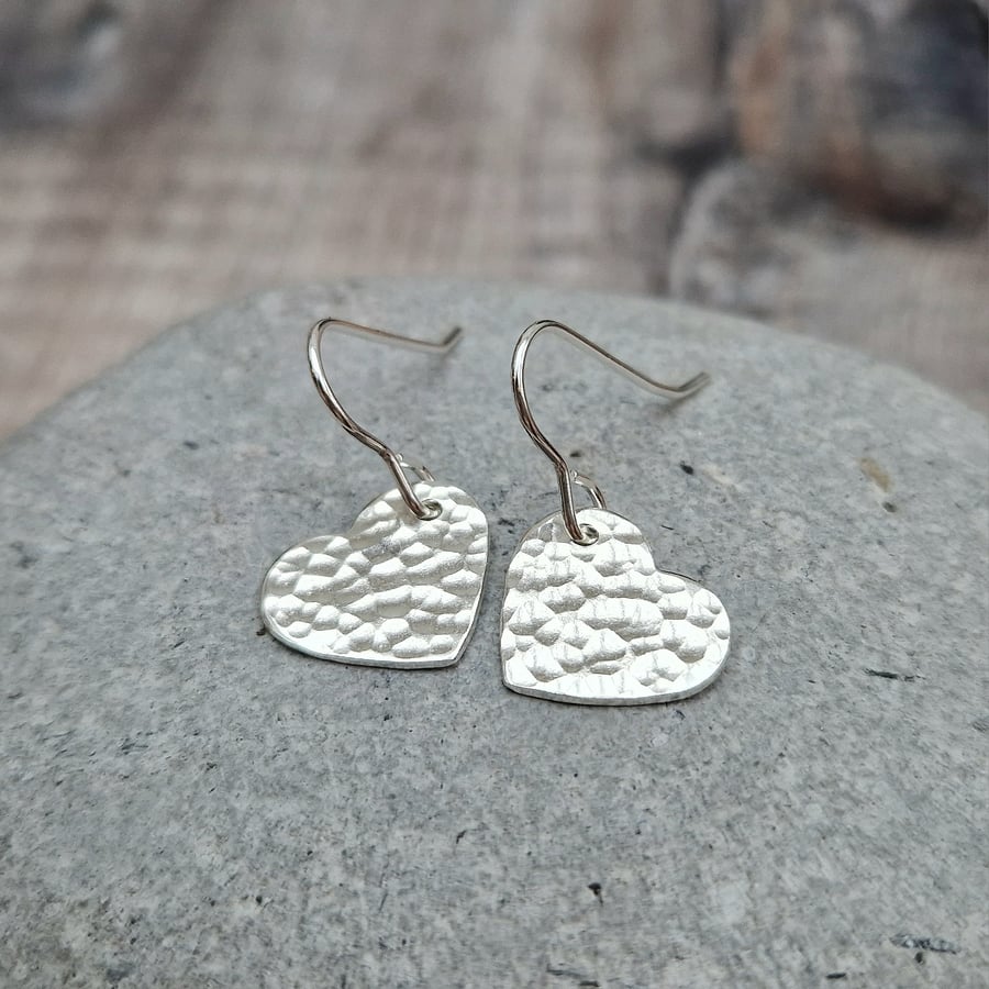 Sterling Silver Hammered Heart Drop Earrings