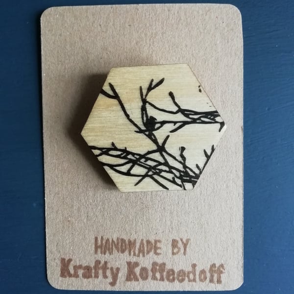 Handpriinted Bird in Branches Hexagon Brooch