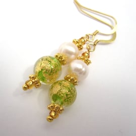 Venetian Green Glass Quality Pearl, Spring Green Crystal, Gold Vermail Earrings 