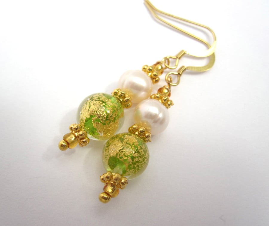 Venetian Green Glass Quality Pearl, Spring Green Crystal, Gold Vermail Earrings 