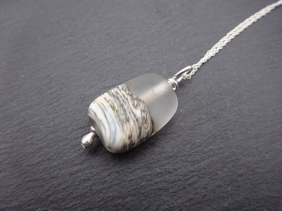lampwork glass frosted beach pendant, sterling silver chain