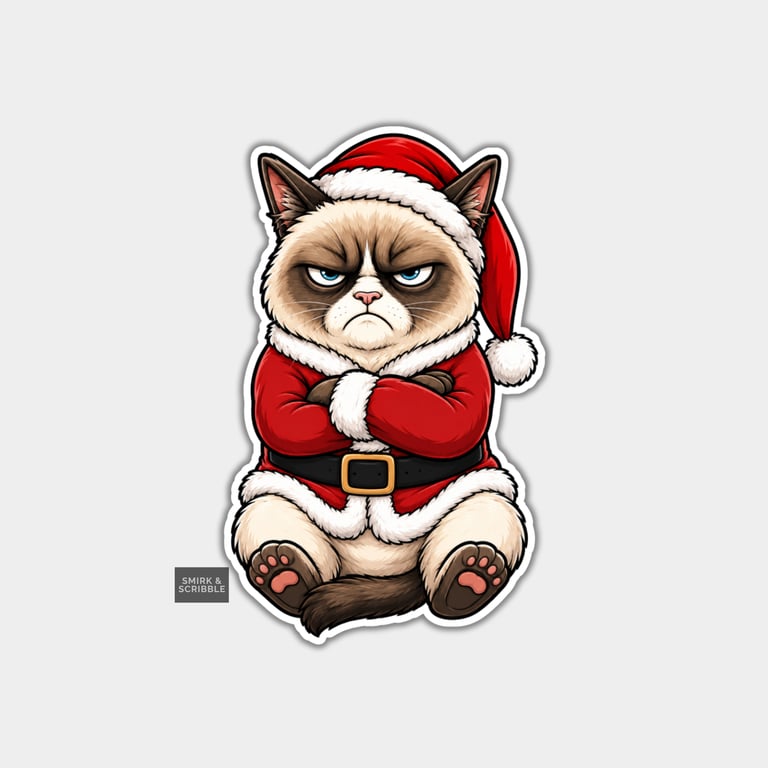 Funny Christmas Sticker Vinyl Xmas Decal For Adults - Cute Grumpy Santa Cat