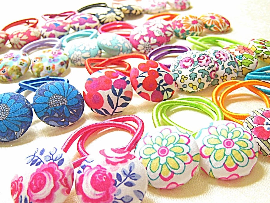 Liberty London Rainbow fabric button hair bobbles, bands, ponytails, bunches.